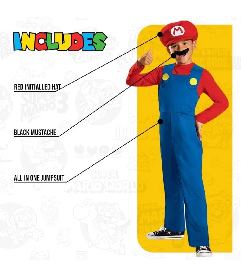 Disfraz de Super Mario Brothers de lujo para niños talla pequeña 5-6 sombrero guantes escondite incl. Foto 3 de 4