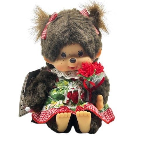 Monchhichi Fleur sitzendes Erdbeerkleid 6 Zoll Plüschpuppe Affe Blumen Sekiguchi