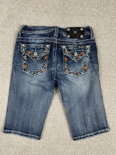 Miss Me Denim Shorts Girls Size 14 (24) Flap Pocket Floral Embellished Jorts
