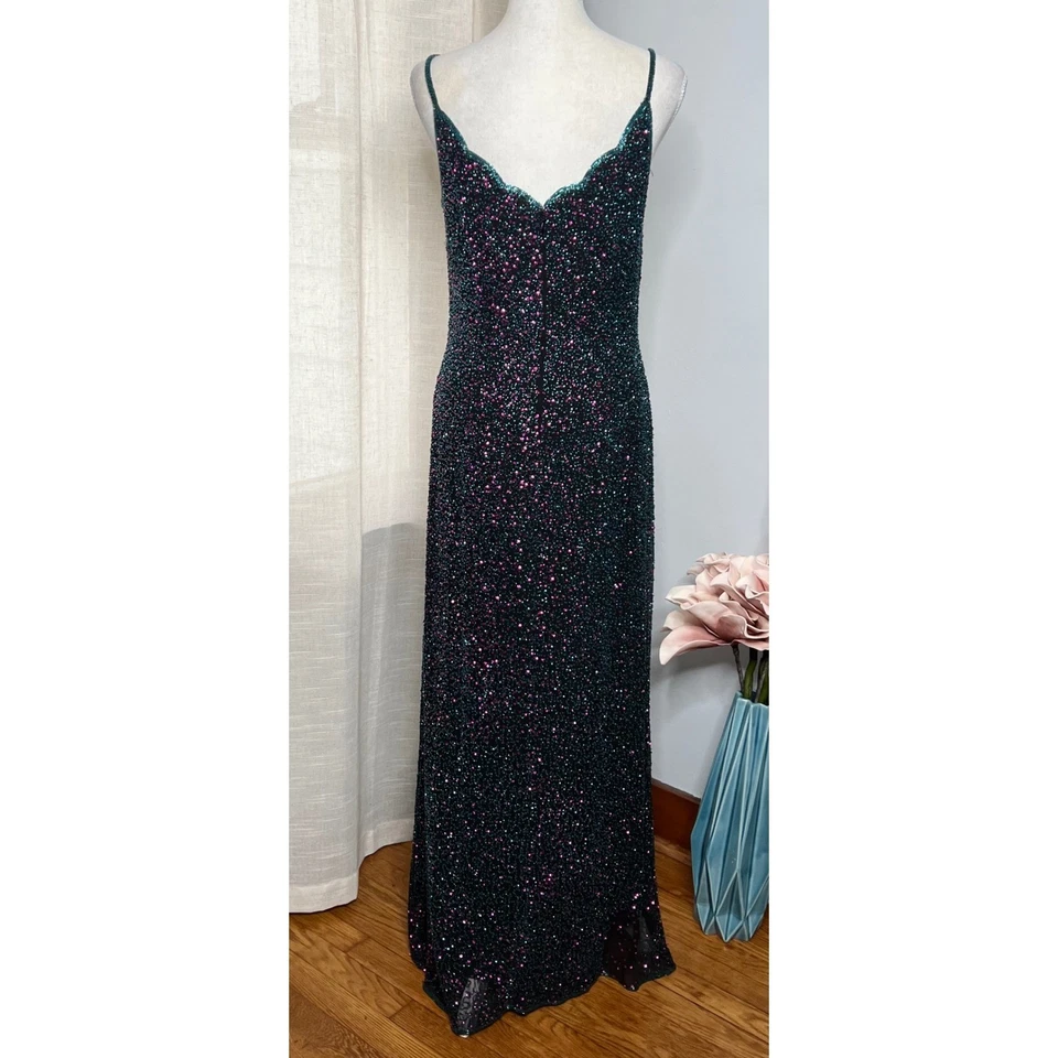 Y2K Vintage Adrianna Papell Silk Dress Beads Sequins Black Pink Blue Size 10 - Image 3 of 4