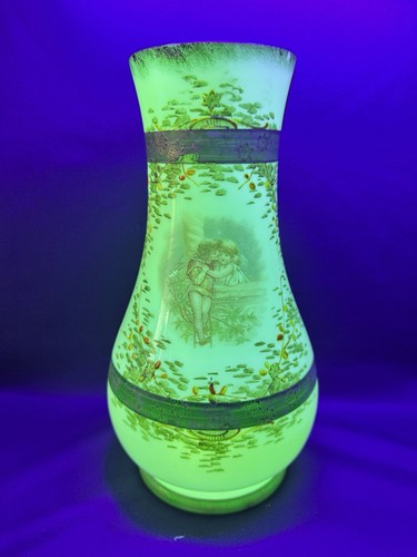 Uranium Glass Opaline Victorian Hand Painted Vase Girl & Boy Transfer Vintage