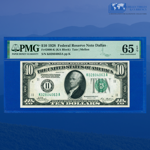 Fr.2002-K 1928 $10 FRN DALLAS, Numerical Seal, PMG GEM 65 EPQ #04063 - Picture 1 of 3