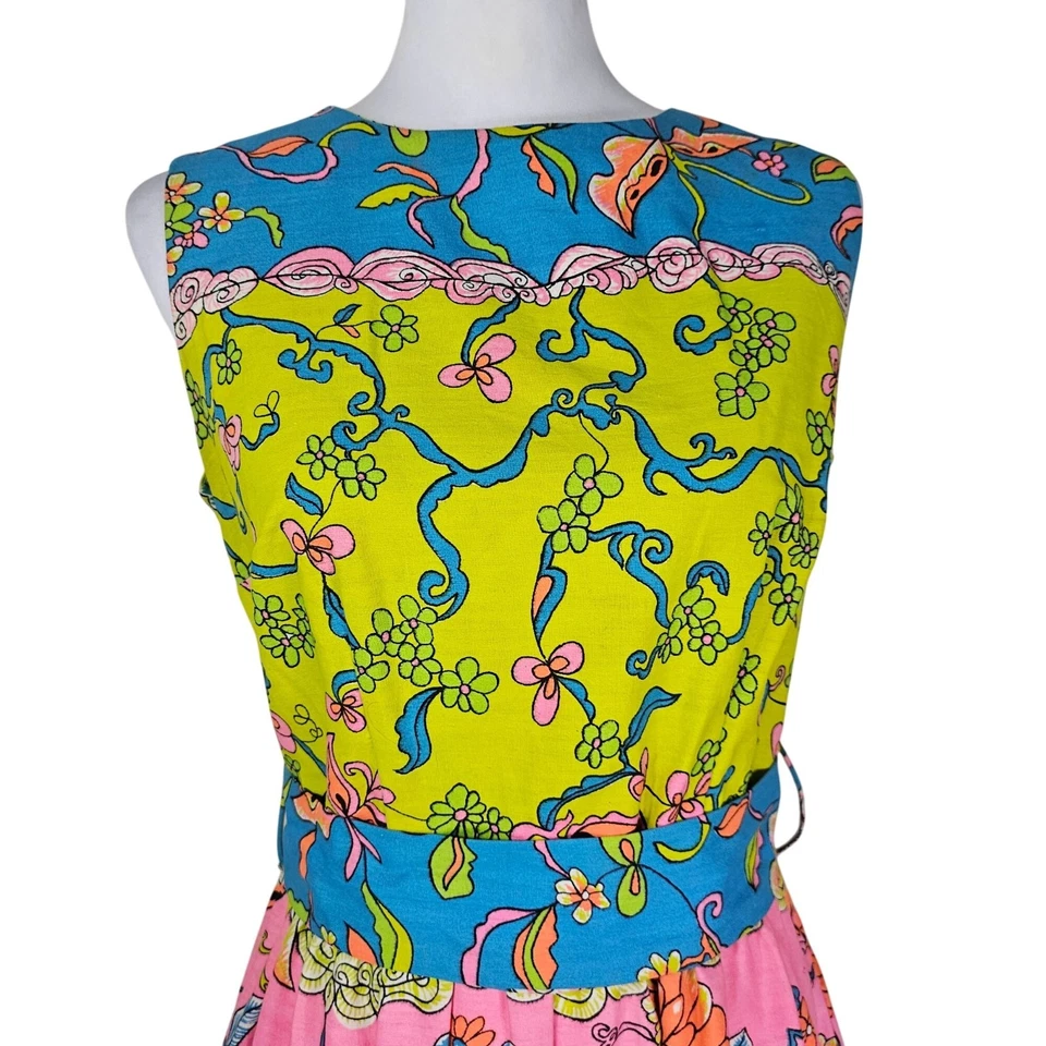Vtg 60s 70s Psychedelic Mod Sleeveless Midi Dress M Hand Sewn Patchwork Neon - Image 4 of 4