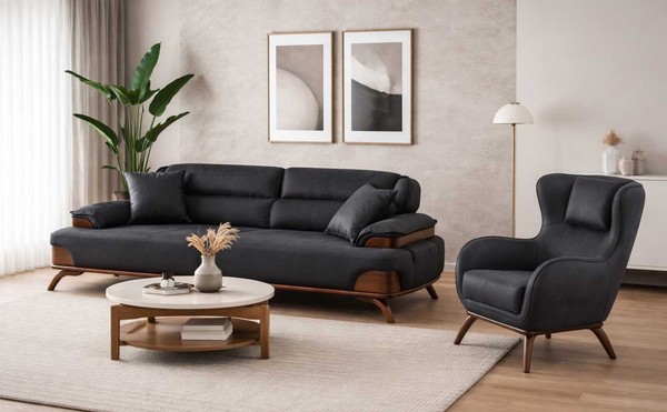 Polstergarnitur 3 Sitzer Sofa Leder Kissen Sessel Schwarz Elegant Neu-image