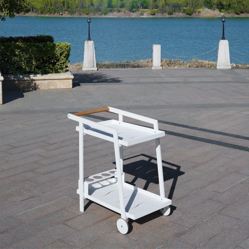 Aluminum White Indoor/Outdoor Patio Serving Dual-layer Cart with Teak Handle - Picture 8 of 9