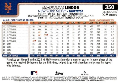 2025 Topps #350 Francisco Lindor - Picture 2 of 2