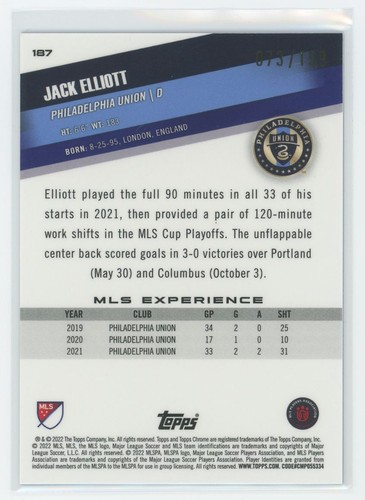 Topps 2022 cromo MLS #187 Jack Elliott Blue Wave #/199 - Imagen 2 de 2