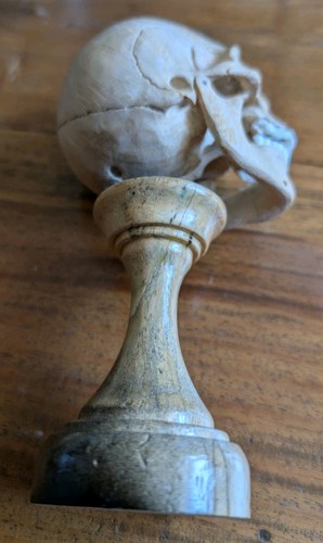 Human Skull on Stand - Carved Wood - Momento Mori - Gothic Macabre Cool Ornament - Picture 15 of 15