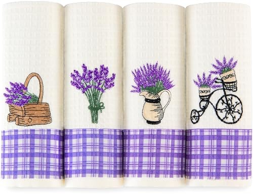 Cotton Kitchen Towels Set of 4 - Lavender Embroidered Tea Towels, Absorbent - Picture 1 of 6