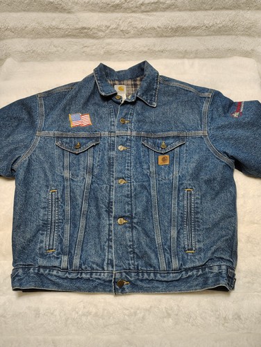 Vintage Carhartt J11DST Denim Flannel Lined Trucker WorkWear Jacket Embroidere L - Picture 3 of 14