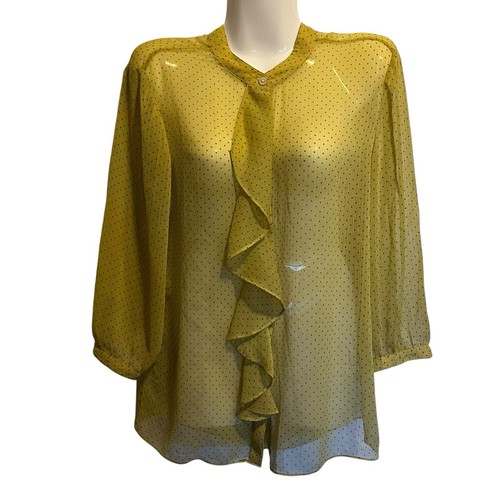 Banana Republic Yellow Polka Dot Blouse Medium Ruffle Front Sheer Coquettecore