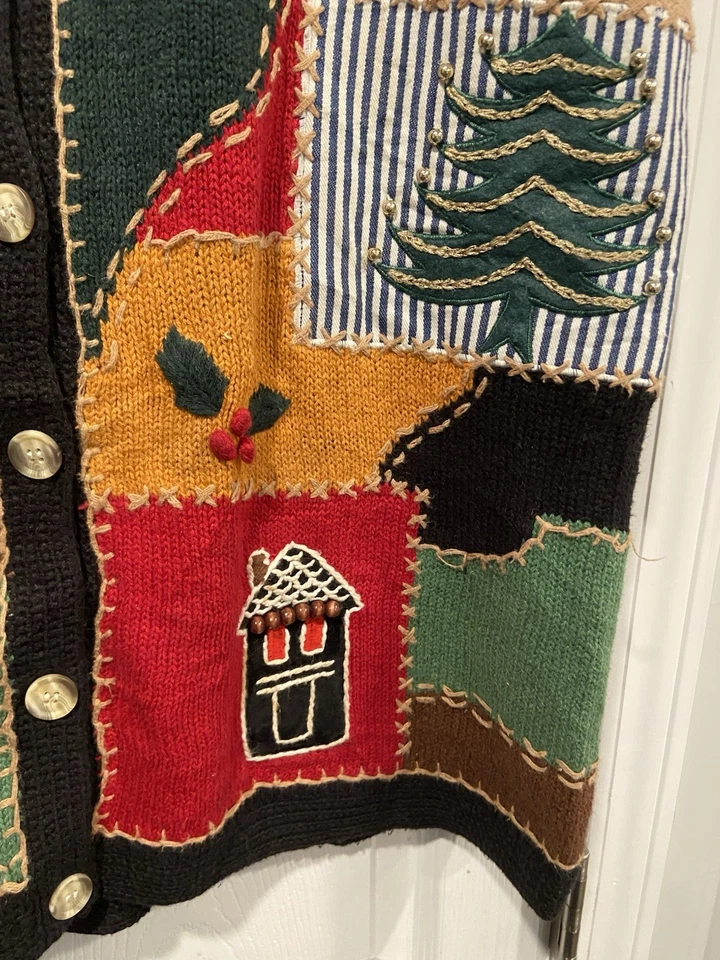 VTG 80s Cambridge Country Store Size L Christmas Sweater Vest Cotton Patchwork - Image 4 of 4
