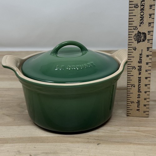 Vintage Le Creuset PETITE Mini DUTCH OVEN Enamelware Green COCOTTE Rare - Picture 10 of 11