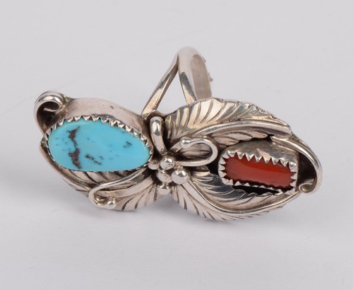 Vintage Indianer Sterlingsilber Türkis & Koralle Ring Größe 8 - Bild 3 von 10