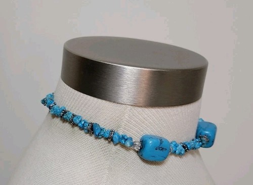 Collana girocollo con perline turchesi fatta a mano 16" chiusura aragosta tono argento - Foto 2 di 4
