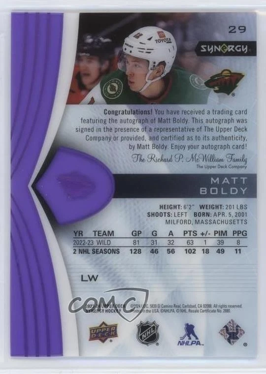 2023-24 Upper Deck Synergy Purple Auto /65 Matt Boldy #29 Auto - Image 2 of 2