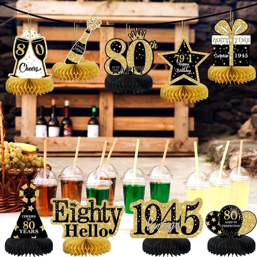 9Pcs 80th Birthday Decorations Honeycomb Centerpieces for Men Women, Black Go... - Picture 6 of 7