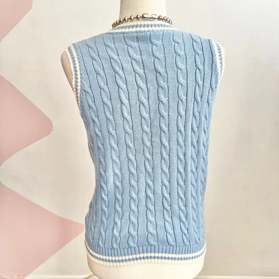 Chaleco Suéter Tejido Cable Azul Años 2000 Preppy Retro Academia Pequeño Foto 3 de 4