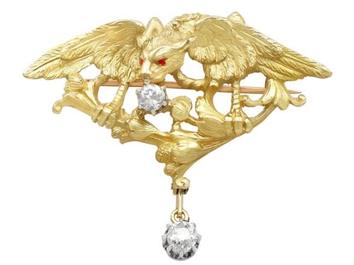 Antique French 1900s 0.56Ct Diamond and 18k Yellow Gold Griffin Brooch - Picture 1 of 9