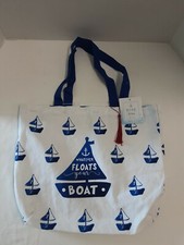 White Graphic Canvas Reusable Tote Bag"Whatever Floats Your Boat" Blue Sailboats