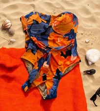 Tabitha Brown Orange & Blue One Piece Swim  Removable Straps Size 22W Underwire