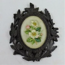 VINTAGE bog oak tiny plaque hand painted ANTIQUE BROOCH / ITEM