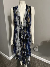 Cato Sleeveless Sheer Lined Open V-neck Midi Wrap Tie Waist Blue Dress Large