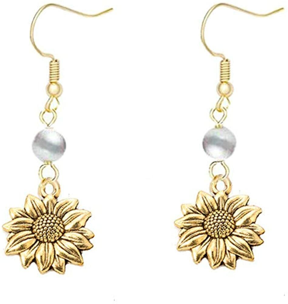 Gold Sunflower Pearl Dangle Earrings For Women - Hoop Huggie Earrings, Cute Statement Jewelry Gift