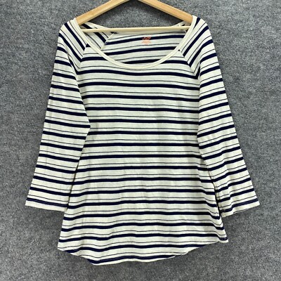 Joe Fresh T-Shirt Women L White Striped Long Sleeve Round Neck Cotton Top