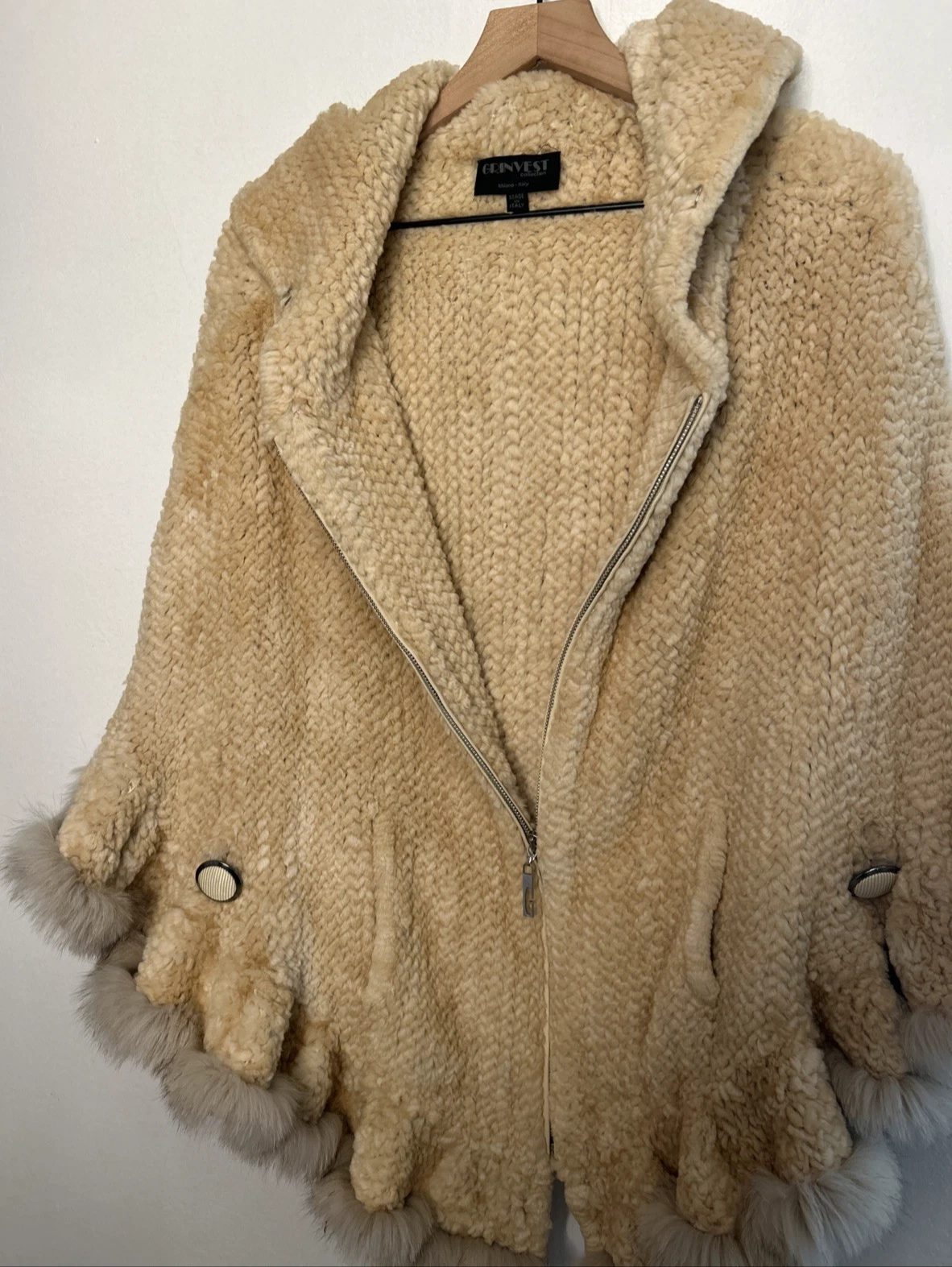 OFF WHITE Poncho pelliccia collezione Grinvest full zip cappuccio tasche avorio lusso vecchi so