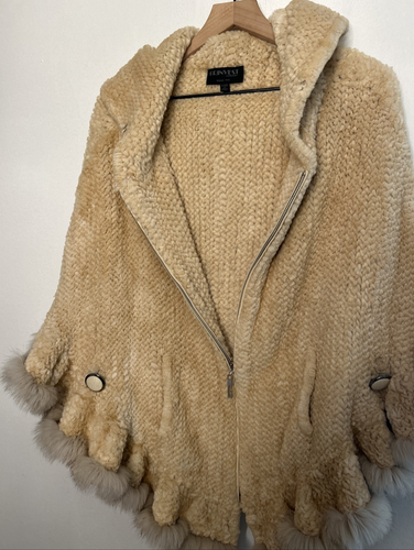 Grinvest Collection Fur Poncho Full Zip Hoodie Pockets Ivory Luxury Old Money - Picture 7 of 8