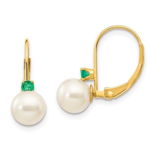 Real 14K Yellow Gold 6-6.5mm White FW Cultured Pearl Emerald Leverback Earrings - Picture 1 of 6