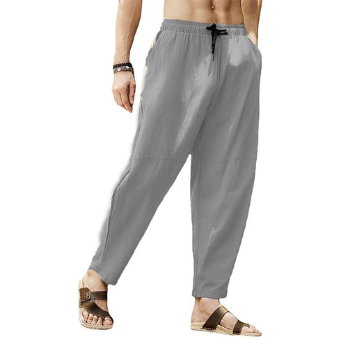Mens Cotton Linen Wide Leg Trousers Casual Drawstring Elastic Waist Loose Pants - Picture 30 of 31