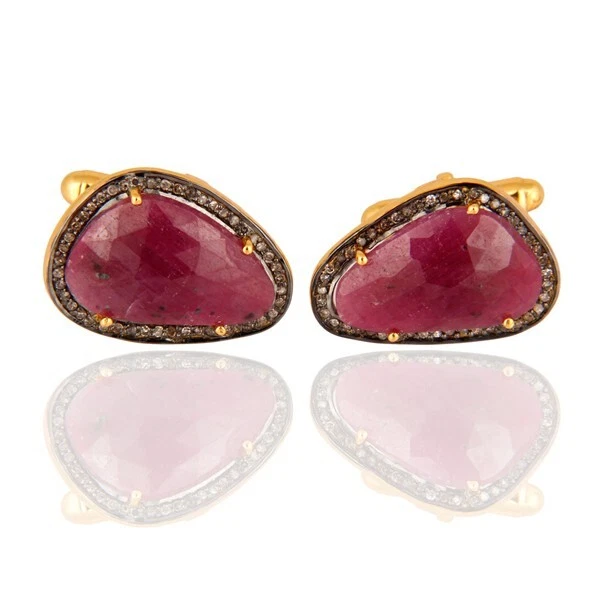 Natural Real Diamond & Ruby Cufflink For Men Paved Diamond Cufflinks Jewelry - Image 2 of 4