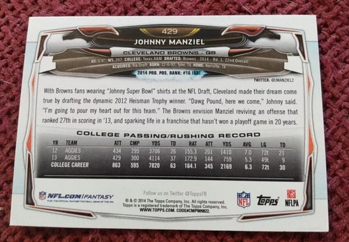 Carta Johnny Manziel #429 Rookie 2014 Topps Cleveland MARRONE Maniche morbide e rigide - Foto 7 di 10