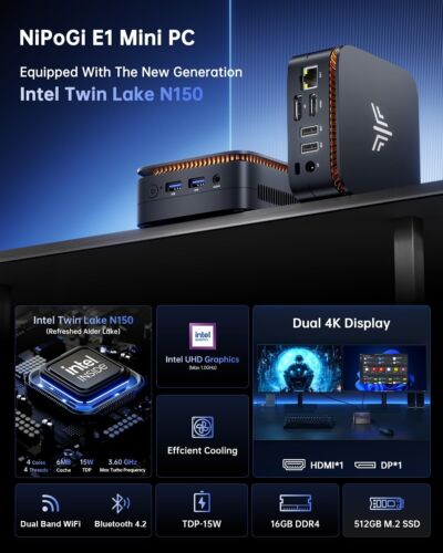 NIPOGI UHD Mini PC E1 Windows 11 Pro Intel 12th N150 16GB DDR4 512G SSD 5G/2.4G - Imagen 3 de 9