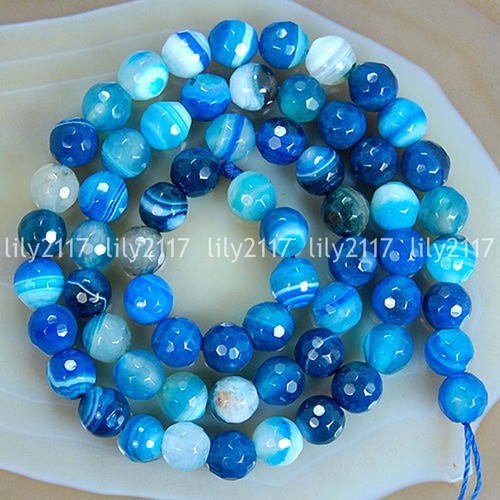 Faceted 6/8/10/12mm Blue Stripe Banded Agate Gemstone Round Loose Beads 15" - Picture 2 of 9