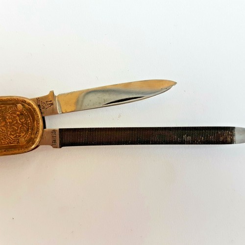 Cuchillo plegable de bolsillo AGFA, latón y acero Solingen, frente a la década de 1950 - Imagen 7 de 12