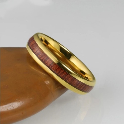 6MM Gold Color Tungsten Carbide Ring Band Wood Inlay Comfort fit Ring Band - Picture 3 of 4