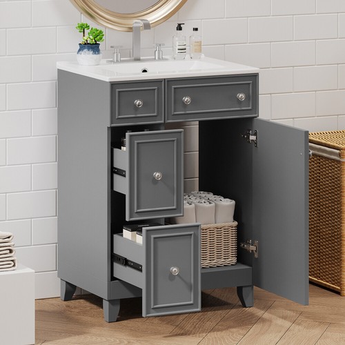 Modern Bathroom Vanity with Ceramic Sink - 2 Drawers & Soft-Close Door Cabinet - Picture 7 of 18
