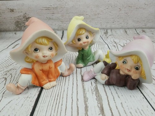 Homco Vintage Set di 3 Elfi Pixie #5213 Bellissimo Set di Elfi Giardino! Così CARINO! - Foto 10 di 12