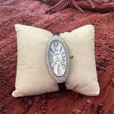 SELINE Women's Quartz Mother of Pearl CRYSTAL'S Dial Black Leather Band Watch 