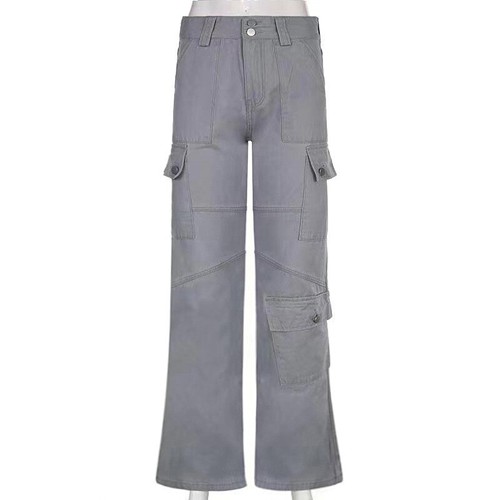 Street Damen-Freizeithose mehrere Taschen Arbeitskleidung grau hohe Taille fallender Schlag - Bild 6 von 10