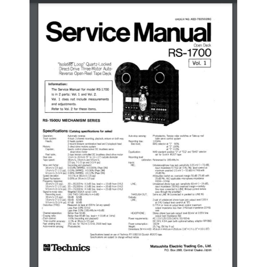 Technics RS-1700 Reel To Reel SERVICE & OWNERS Manual 84 pages comb bound