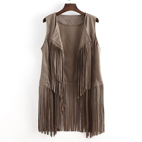 Women Faux Suede Tassels Jacket Western Cowboy Vest Waistcoat Coat Costume Tops - Picture 8 of 13
