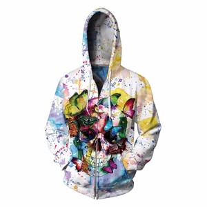 Butterfly-Floral-Sugar-Skull-Women-Men-Zip-Up-3d-Hoodie-Long-Sleeve-Hooded-White