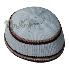 White Nylon Kufi with Maroon & Brown Islamic Prayer Skull Cap Topi Muslim Hat