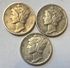 1931-S, 1939-D, 1943-D, SET OF 3 MERCURY DIMES, COINS SAME AS SHOWN IN PHOTO #35