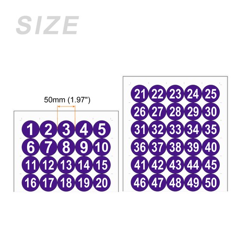 Round Number Stickers 50mm 50x PVC Number 1-50 Self Adhesive White/Dark Purple - Picture 2 of 5