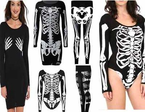 Ladies Skeleton Print Halloween Costume Fancy Midi Dress Top Legging bodysuit